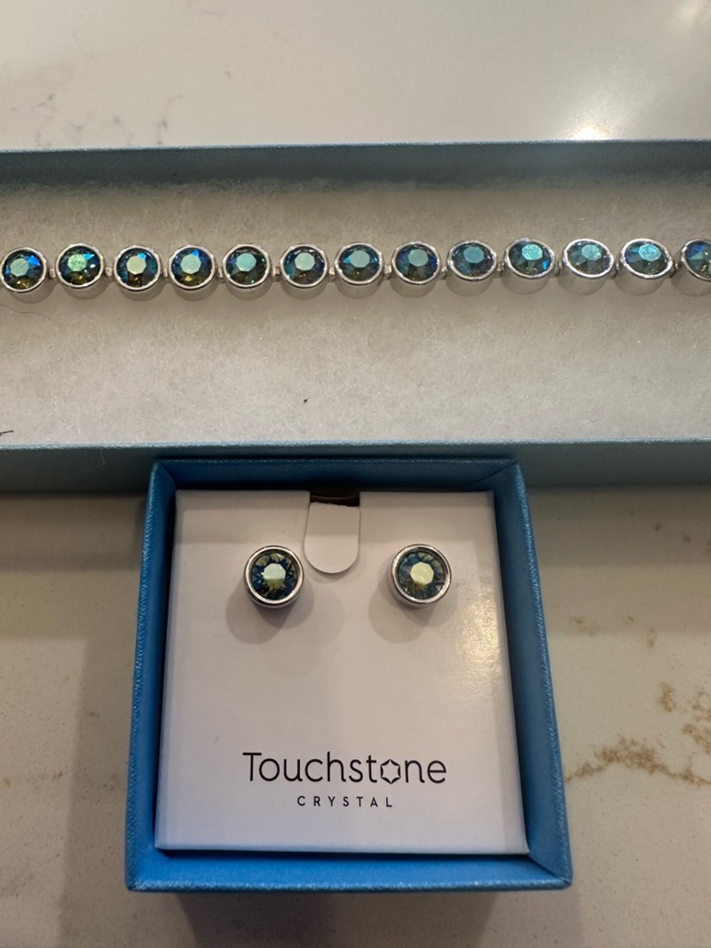 Touchstone Crystal Iridescent Blue-Green Stud Earrings
